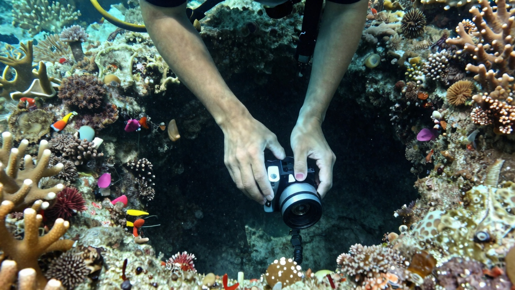 Footage of diving instructor Miyakojima Kuni-san dropping his camera into a hole underwater