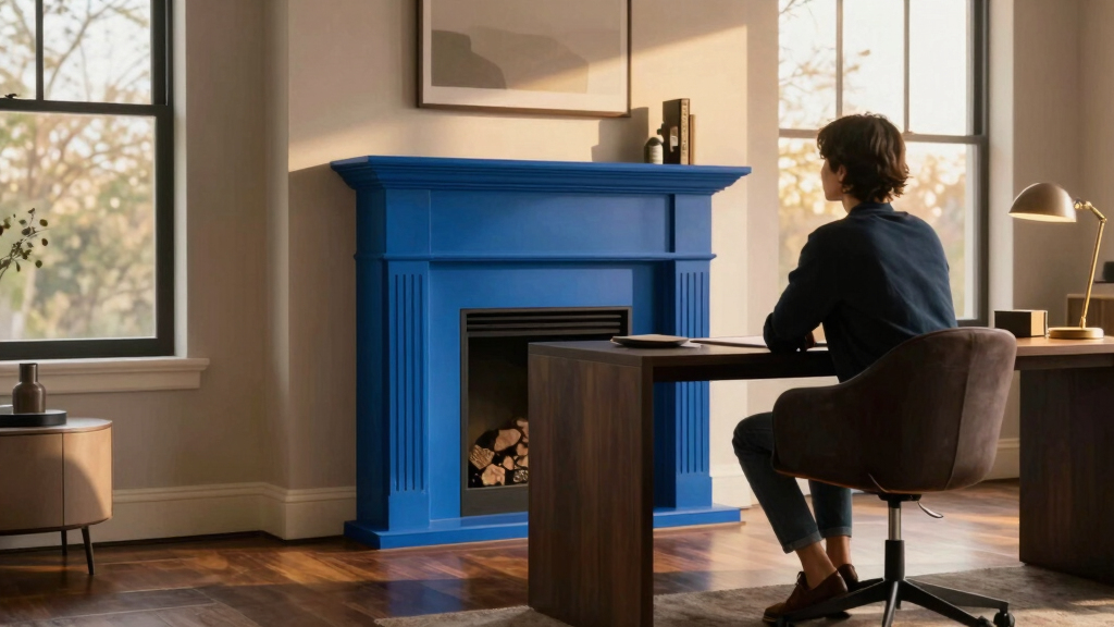 A Bold Blue Fireplace Is the Striking Focal Point of This Home Office