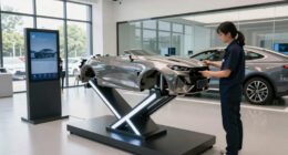 industrial kinetic displays shape hybrid exhibition and automotive service space in tbilisi